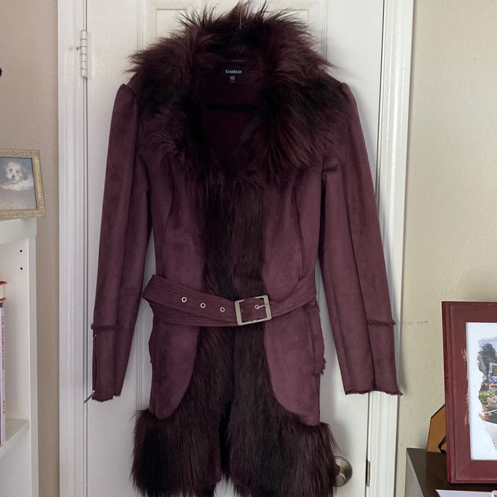 Faux Fur purple suede Bebe jacket, fleece lined. Size large.